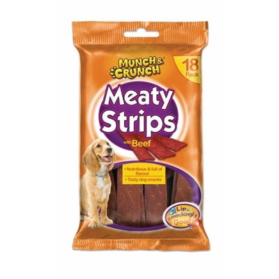 MUNCH & CRUNCH DOG TREATS MEATY STRIPS BEEF 162G