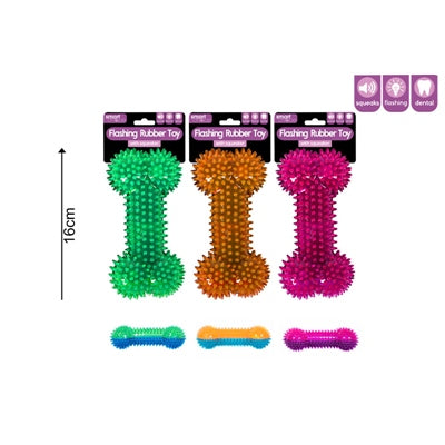 SMART CHOICE DOG TOY RUBBER BONE WITH FLASH & SQUEAKER 3 ASSORTED COLOURS