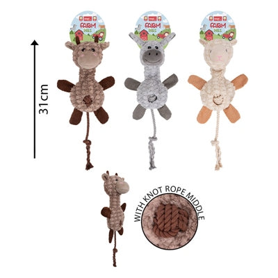 SMART CHOICE PLUSH DOG TOY WITH ROPE KNOT ANIMAL WITH SQUEAKER 3 ASSORTED COLOURS