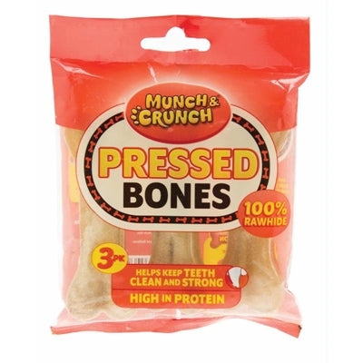 MUNCH & CRUNCH DOG TREATS RAWHIDE PRESSED BONES NATURAL PACK OF 3
