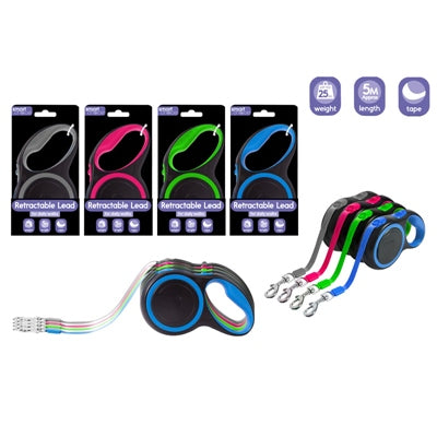 SMART CHOICE DOG LEAD RETRACTABLE TAPE 25KG 4 ASSORTED COLOURS 5M