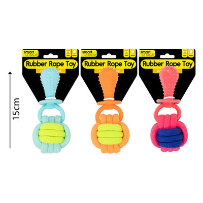 SMART CHOICE DOG TOY RUBBER & KNOT BALL ROPE 3 ASSORTED COLOURS