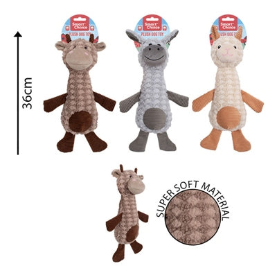 SMART CHOICE PLUSH DOG TOY LONG ANIMAL WITH SQUEAKER 3 ASSORTED COLOURS
