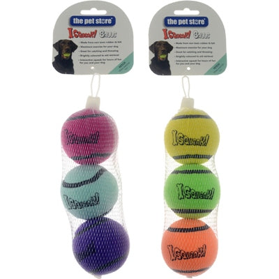 PET STORE SQUEAK TENNIS BALLS 3PK AST