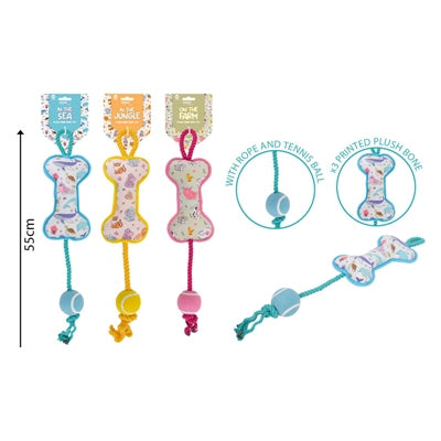 SMART CHOICE PLUSH DOG TOY BONE & ROPE WITH SQUEAKER 3 ASSORTED COLOURS