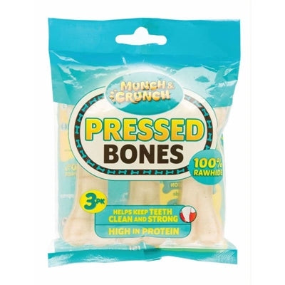 MUNCH & CRUNCH DOG TREAT PRESSED BONES RAWHIDE PACK OF 3