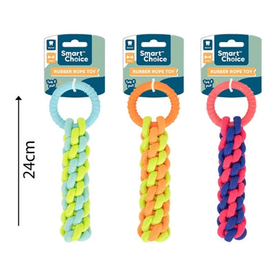 SMART CHOICE DOG TOY RUBBER & BRAIDED ROPE 3 ASSORTED COLOURS