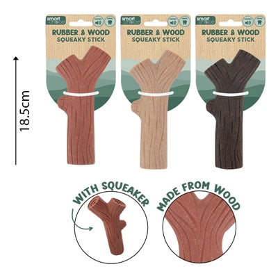 SMART CHOICE DOG TOY WOOD & RUBBER STICK 3 ASSORTED COLOURS