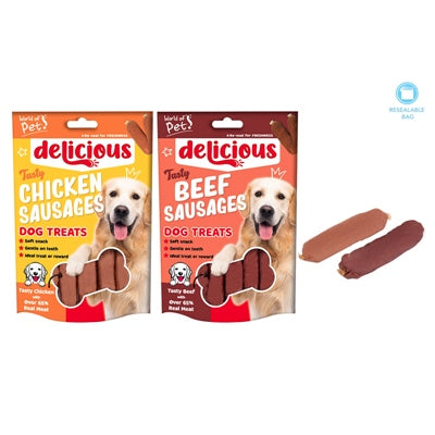 WORLD OF PETS DOG TREATS MEATY SAUSAGES 2 ASSORTED FLAVOURS PACK OF 7 65G