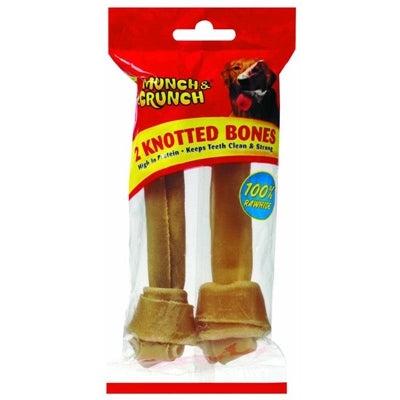 MUNCH & CRUNCH DOG TREAT KNOTTED BONES NATURAL RAWHIDE 6" PACK OF 2