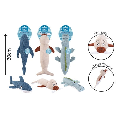 SMART CHOICE PLUSH BOTTLE DOG TOY SEA ANIMALS WITH SQUEAKER 3 ASSORTED