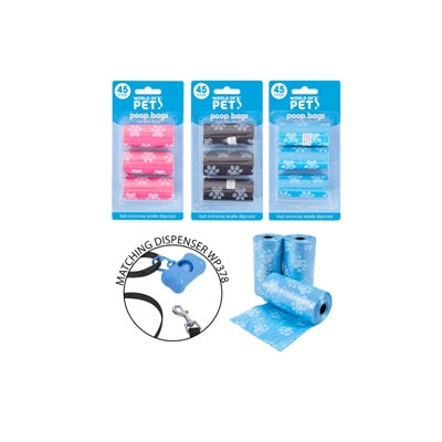 WORLD OF PETS POOP BAG REFILL ROLLS 3 ASSORTED COLOURS PACK OF 3 (45 BAGS)