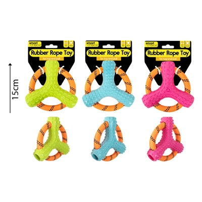 SMART CHOICE DOG TOY RUBBER & ROPE RING 3 ASSORTED COLOURS