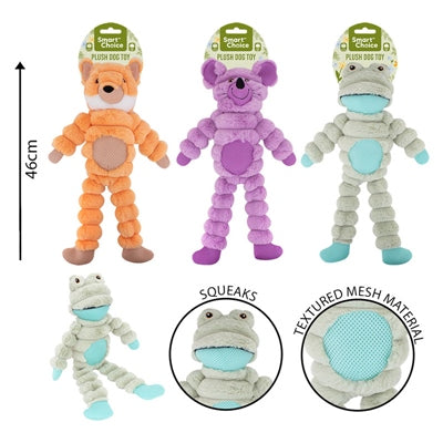 SMART CHOICE PLUSH DOG TOY LONG ANIMAL WITH SQUEAKER 3 ASSORTED