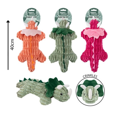 SMART CHOICE PLUSH / CRINKLE DOG TOY DINO WITH SQUEAKER 3 ASSORTED COLOURS