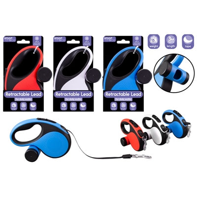 SMART CHOICE DOG LEAD & POOP BAG DISPENSER RETRACTABLE TAPE 15KG 3 ASSORTED COLOURS 3M