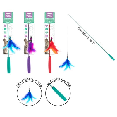 SMART CHOICE CAT TOY FEATHER TEASER EXTENDABLE 3 ASSORTED COLOURS