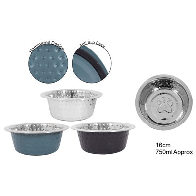 SMART CHOICE PET BOWL STAINLESS STEEL HAMMERED 3 ASSORTED COLOURS 16CM