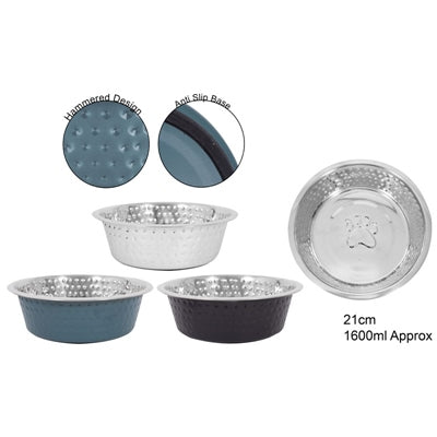 SMART CHOICE PET BOWL STAINLESS STEEL HAMMERED 3 ASSORTED COLOURS 21CM