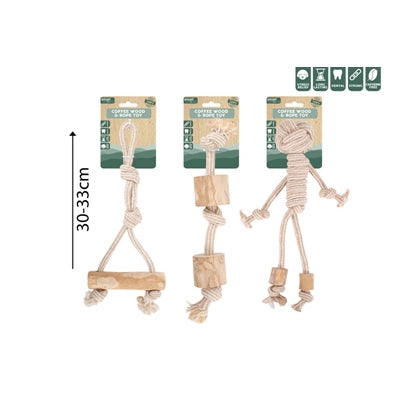 COFFEE WOOD & ROPE DOG TOY 3 ASST