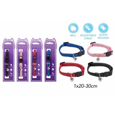WORLD OF PETS CAT COLLAR WITH BELL QUICK RELEASE GLITTER DESIGN 4 ASSORTED COLOURS 1X20-30CM