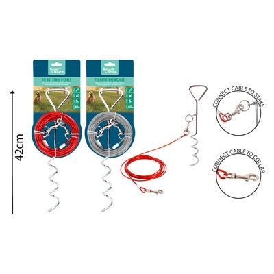 SMART CHOICE DOG TIE OUT CABLE & SPIRAL STAKE 2 ASSORTED COLOURS 5M