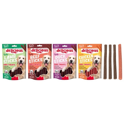 WORLD OF PETS DOG TREATS MEATY STICKS 4 ASSORTED FLAVOURS PACK OF 7 75G